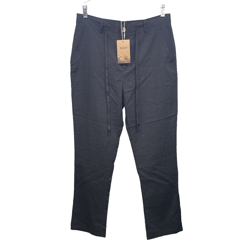 New Manly Small Cotton/Linen Drawstring Pants Black Straight Leg Casual Classic